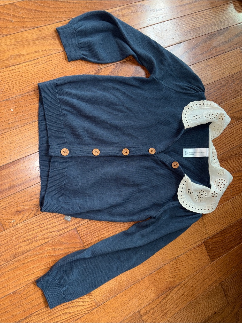 Children's Navy Cardigan with Cream Eyelet Collar - Boutique Style